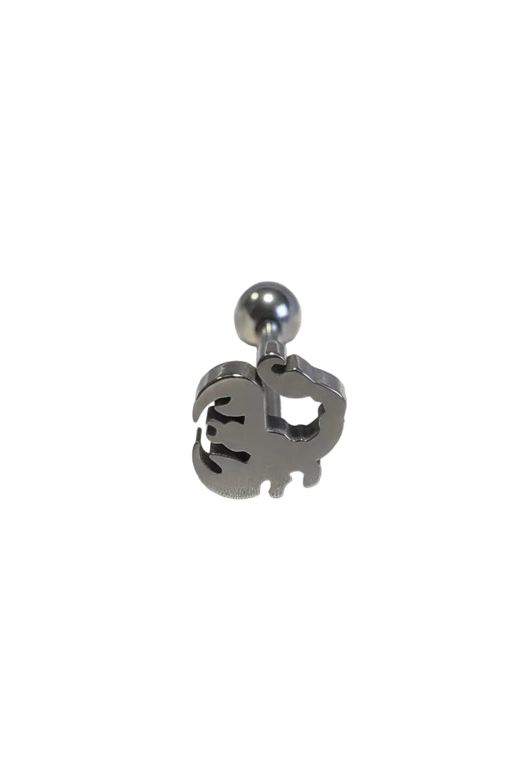 Scorpion tongue barbell in 316l stainless steel close up detail