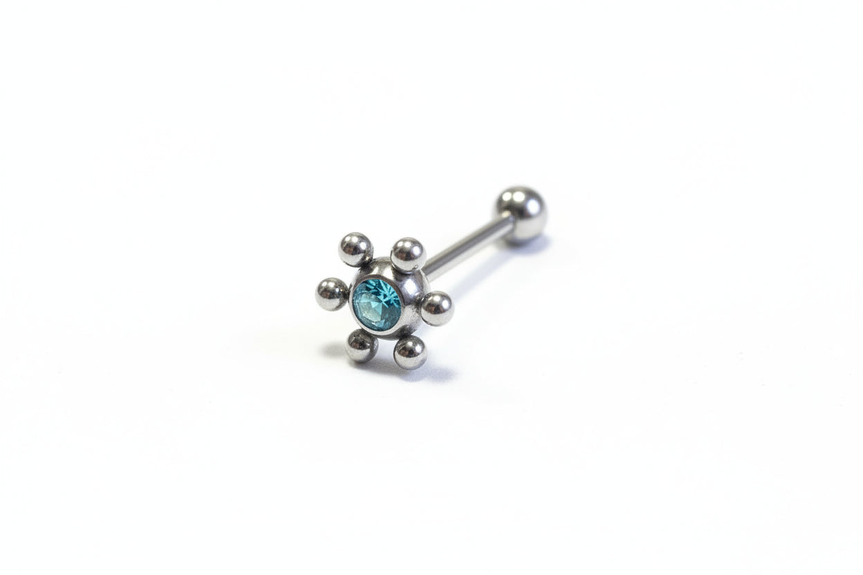 Aqua Crystal tongue barbell in 316l stainless steel