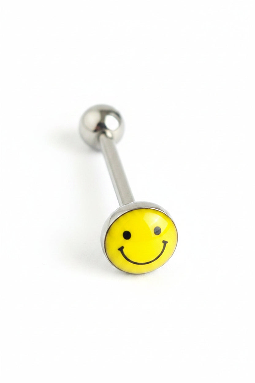 Yellow Happy Face tongue barbell - 316l stainless steel close up detail