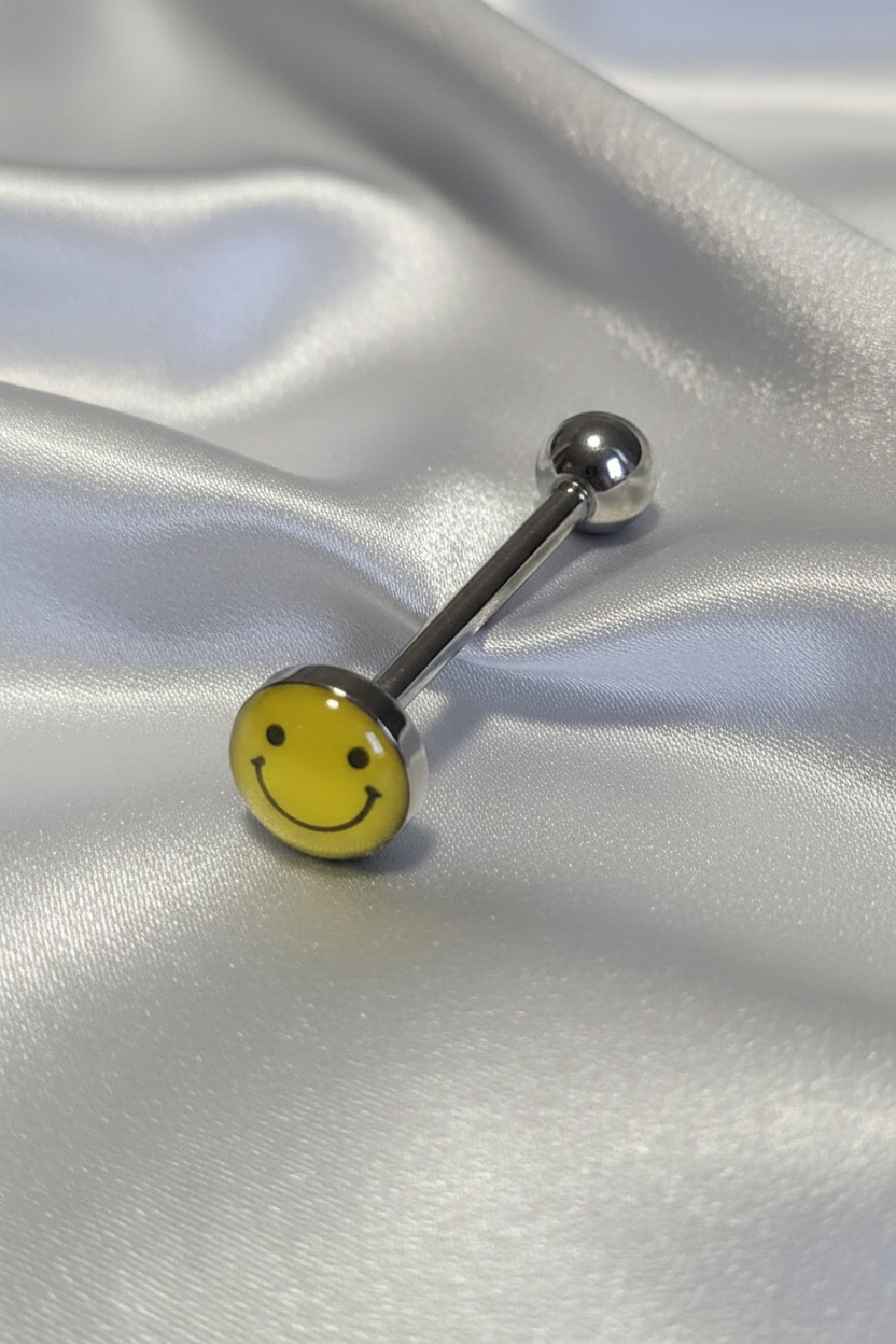 Yellow Happy Face tongue barbell - 316l stainless steel