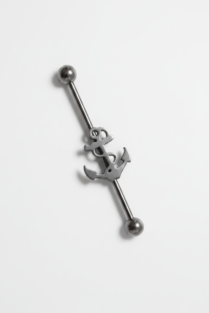 Anchor Industrial Ear Barbell in 316L stainless steel close up detail