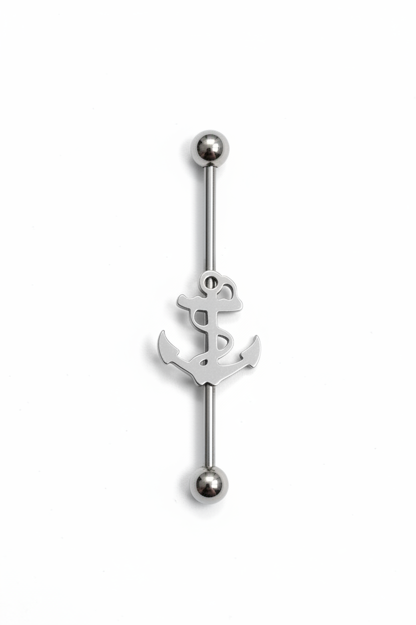 Anchor Industrial Ear Barbell in 316L stainless steel upright position.