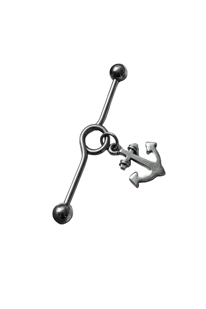 Dangling Anchor Industrial Ear Barbell in 316l stainless steel close up detail