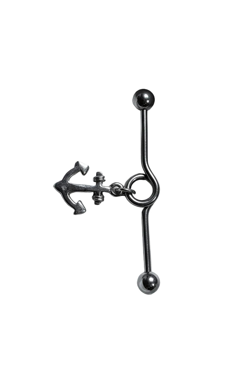 Dangling Anchor Industrial Ear Barbell in 316l stainless steel left side view
