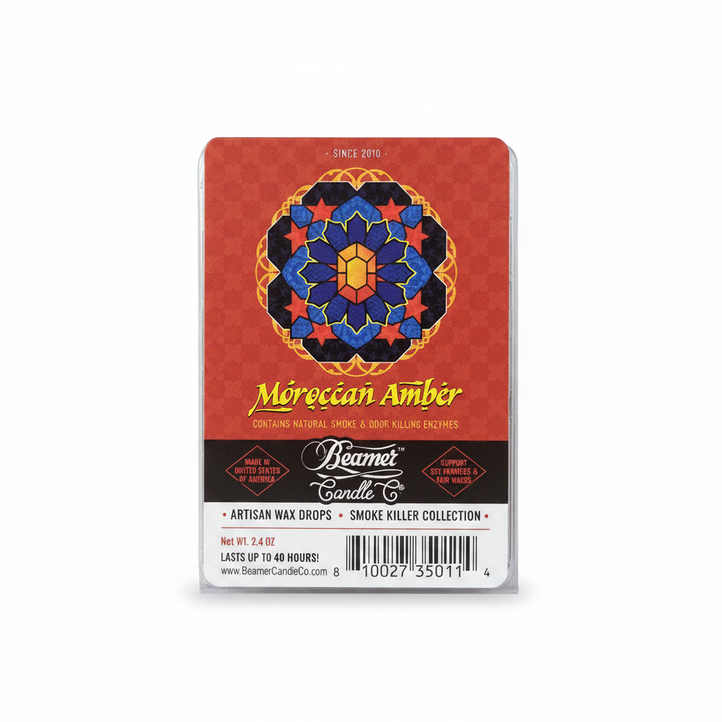 Beamer Smoke Eater Moroccan Amber Scented Soy Wax Melt on a white background showing label.