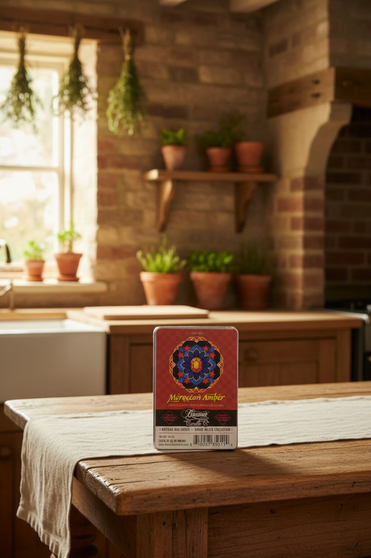 Beamer Smoke Eater Moroccan Amber Scented Soy Wax Melt on a wooden table in a country cottage kitchen.