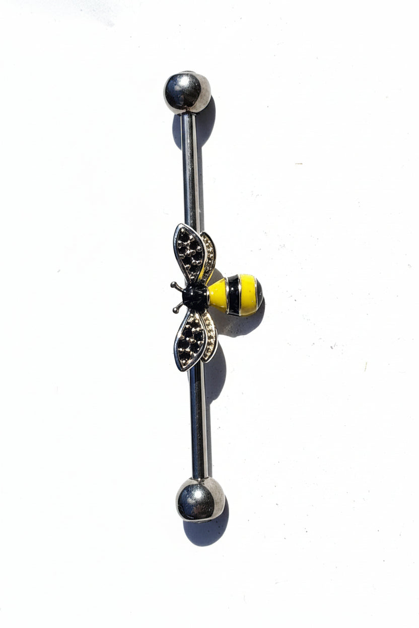 Honey Bee Industrial Ear Barbell in 316l stainless steel left facing view.