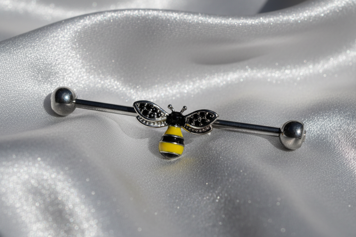 Honey Bee Industrial Ear Barbell in 316l stainless steel on silver silk fabric in close up detail.