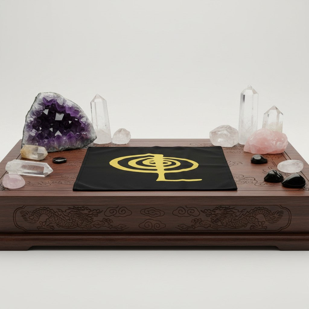 Chu-Ku-Rei Sacred Geometry Black Mini Tapestry Crystal Mat laid flat on an altar showing gold symbol detail.