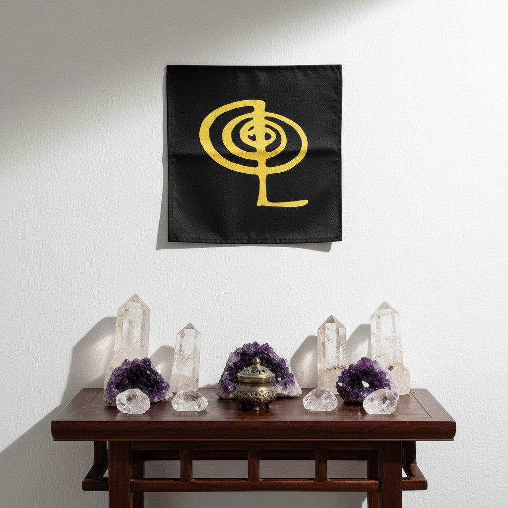 Chu-Ku-Rei Sacred Geometry Black Mini Tapestry Crystal Mat hanging on a wall in a mystic sacred space.
