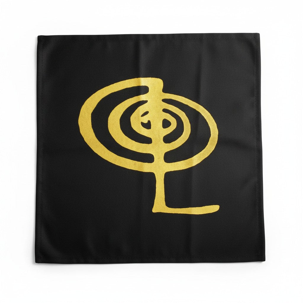 Chu-Ku-Rei Sacred Geometry Black Mini Tapestry Crystal Mat on a white background showing full gold symbol design detail.
