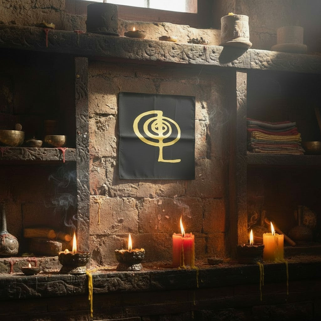 Chu-Ku-Rei Sacred Geometry Black Mini Tapestry Crystal Mat hanging on a wall in a Tibetan temple.