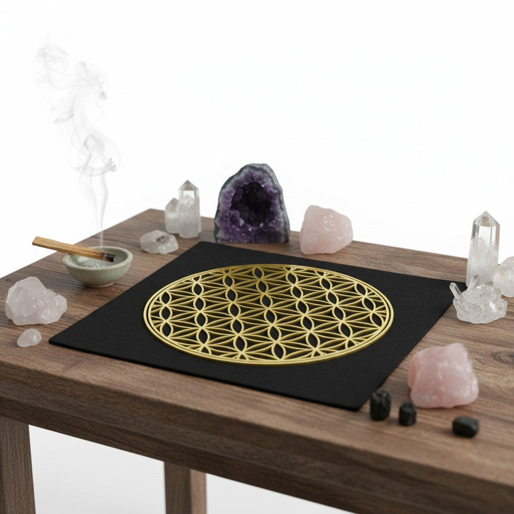 Flower of Life Sacred Geometry Black Mini Tapestry Crystal Mat laid flat on an altar showing gold symbol detail.
