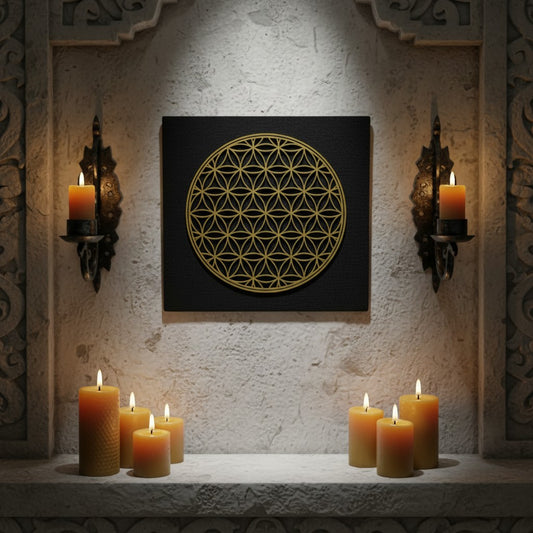 Flower of Life Sacred Geometry Black Mini Tapestry Crystal Mat hanging on a wall in a mystic sacred shrine space.