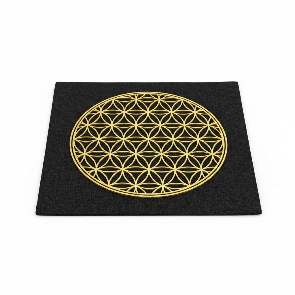 Flower of Life Sacred Geometry Black Mini Tapestry Crystal Mat on a white background showing full gold symbol design detail.