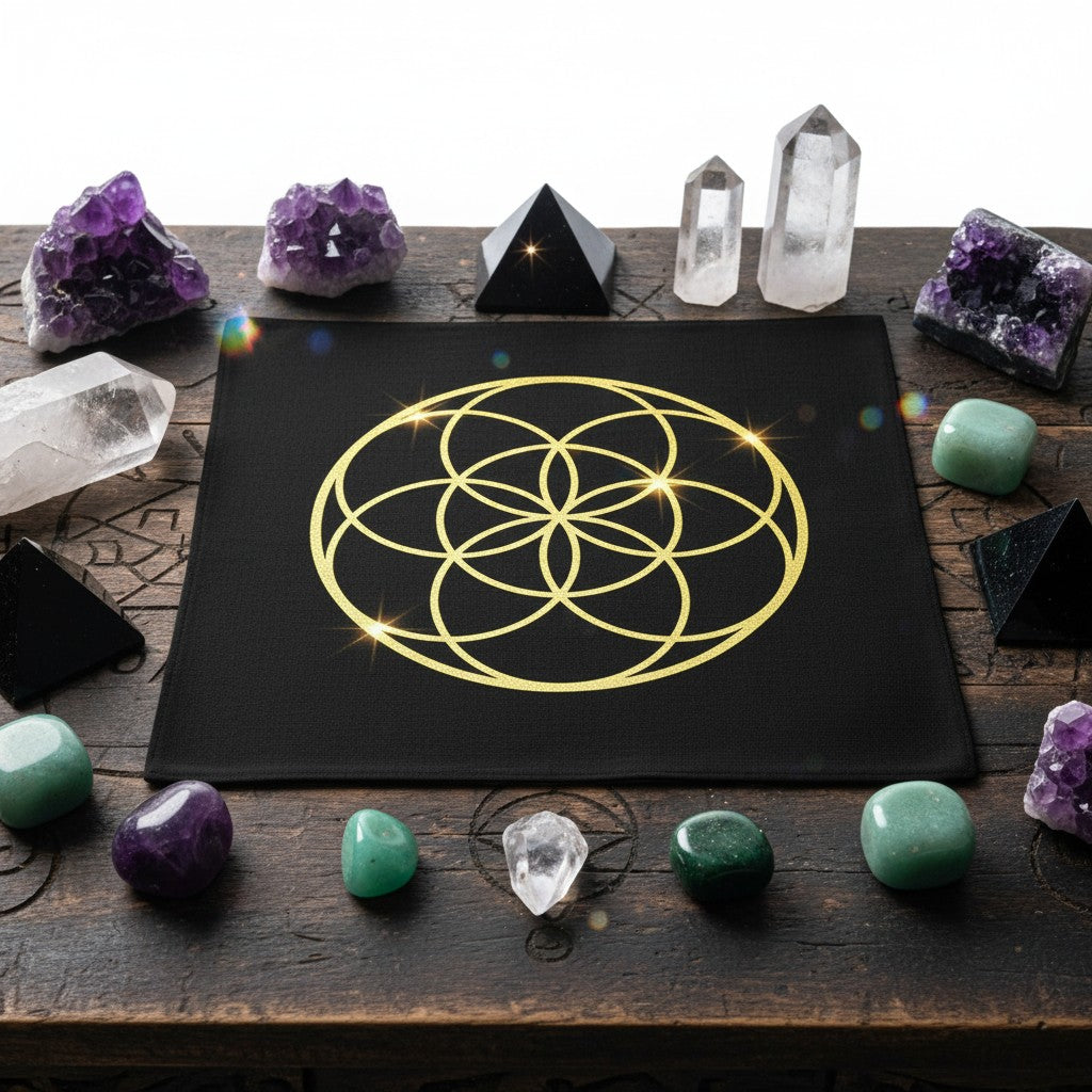Germ of Life Sacred Geometry Black Mini Tapestry Crystal Mat laid flat on an altar showing gold symbol detail.