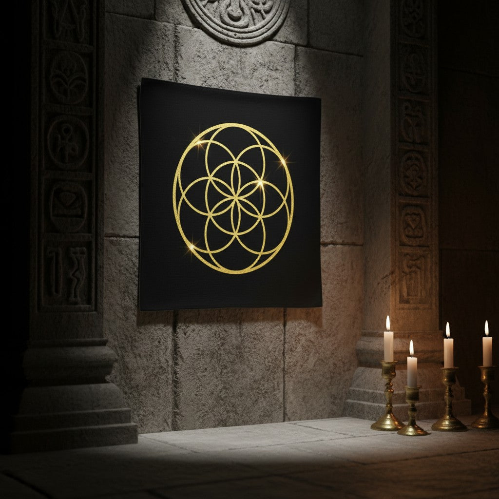 Germ of Life Sacred Geometry Black Mini Tapestry Crystal Mat hanging on a wall in a mystic sacred Egyptian temple.