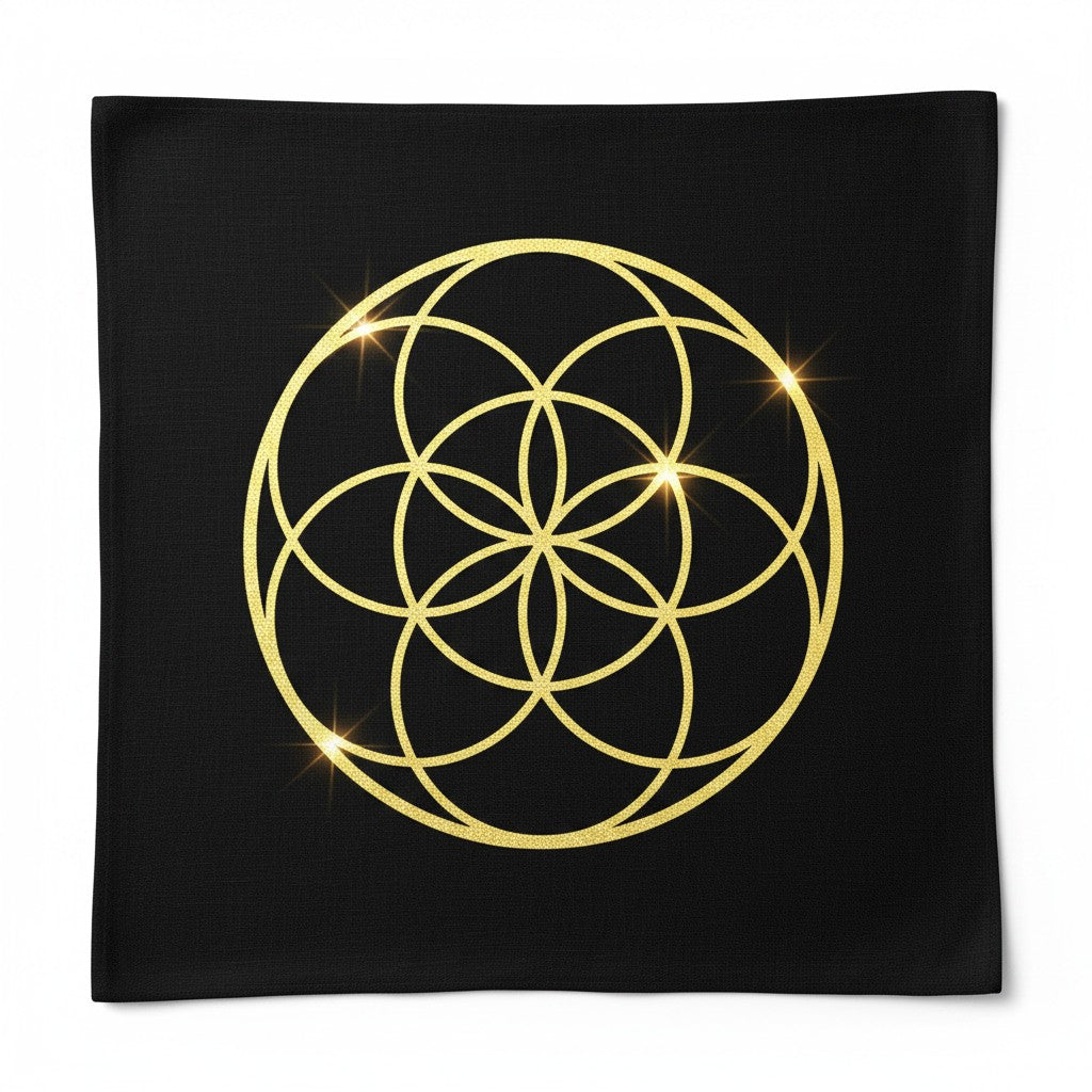 Germ of Life Sacred Geometry Black Mini Tapestry Crystal Mat on a white background showing full gold symbol design detail.