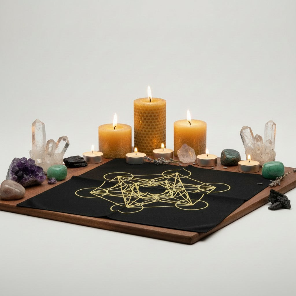 Metatron's Cube Sacred Geometry Black Mini Tapestry Crystal Mat laid flat on an altar showing gold symbol detail.