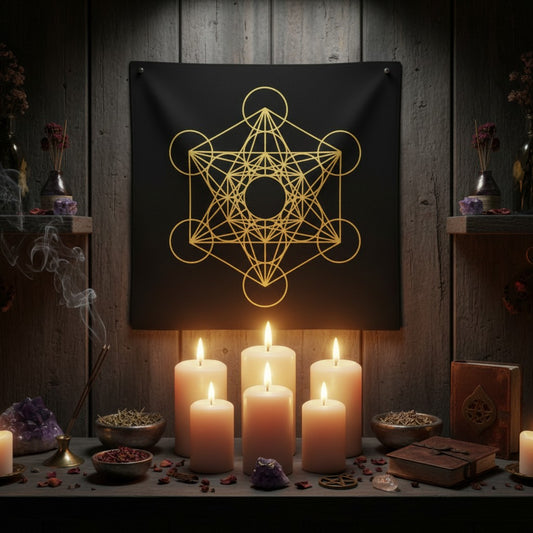 Metatron's Cube Sacred Geometry Black Mini Tapestry Crystal Mat hanging on a wall in a mystic sacred space.