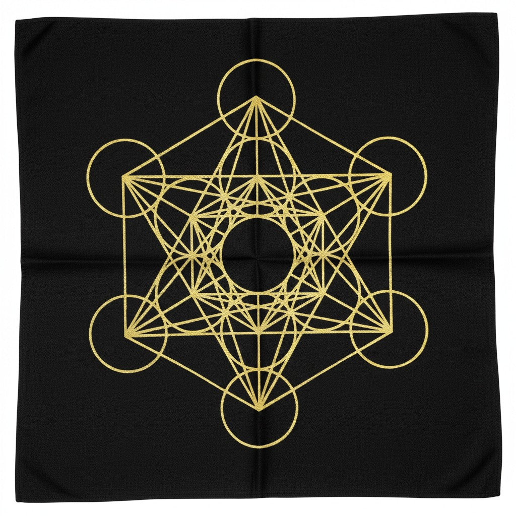 Metatron's Cube Sacred Geometry Black Mini Tapestry Crystal Mat on a white background showing full gold symbol design detail.