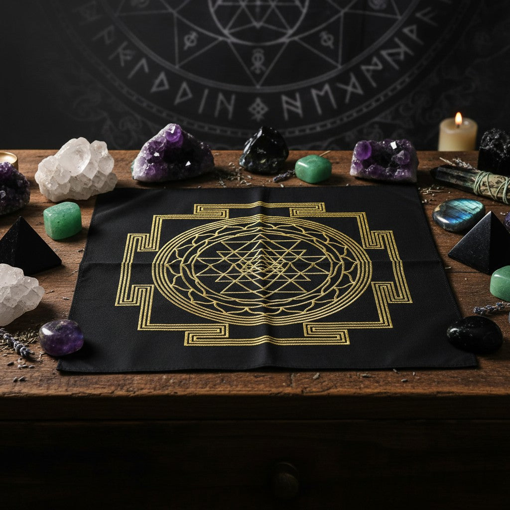 Shri Yantra Sacred Geometry Black Mini Tapestry Crystal Mat laid flat on an altar showing gold symbol detail.