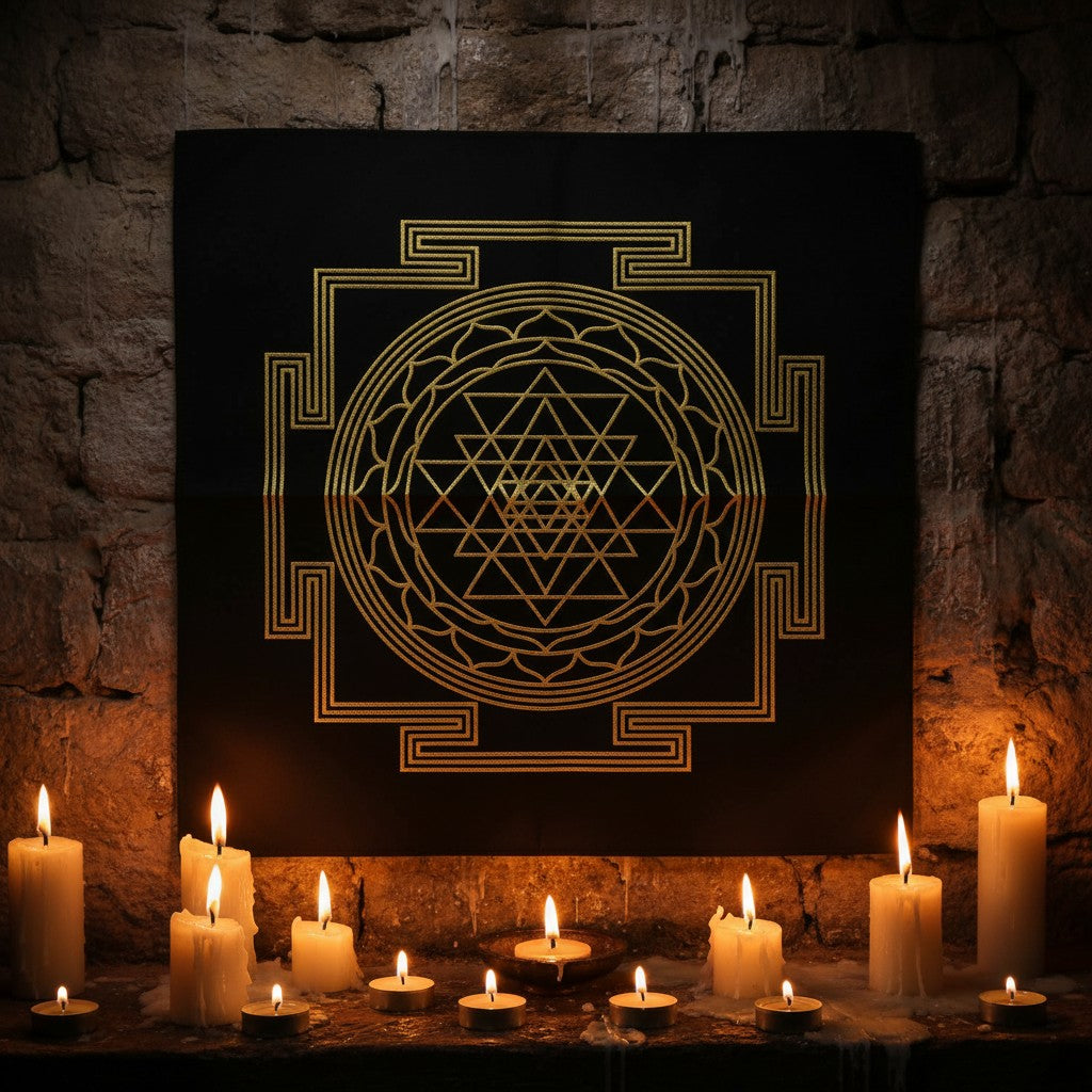 Shri Yantra Sacred Geometry Black Mini Tapestry Crystal Mat hanging on a wall in a mystic sacred space.