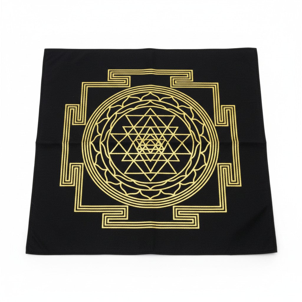 Shri Yantra Sacred Geometry Black Mini Tapestry Crystal Mat on a white background showing full gold symbol design detail.