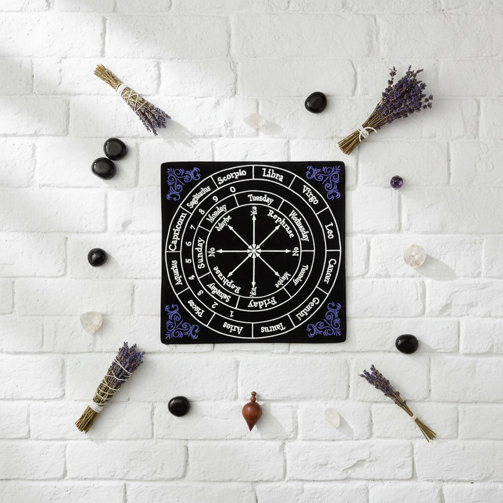 Astrological Black Velvet Embroidered Pendulum Mat laid flat on an altar showing velvet texture and embroidered design.