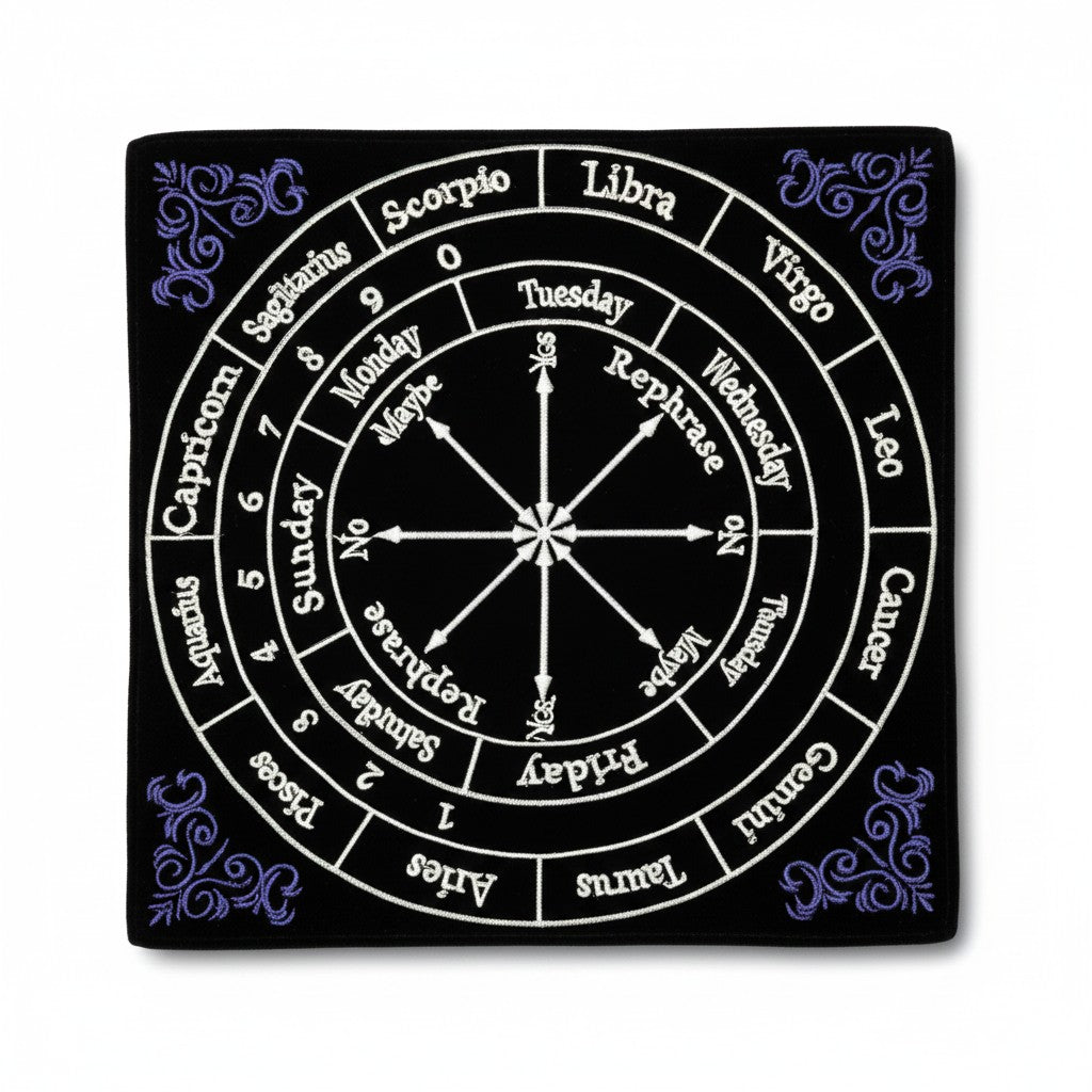 Astrological Black Velvet Embroidered Pendulum Mat on a white background showing full embroidered design detail.