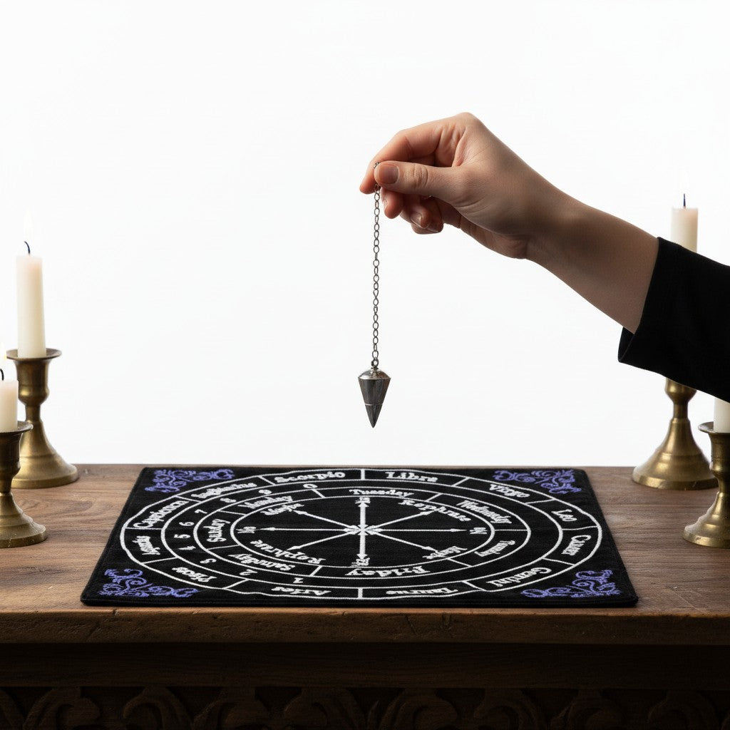 Astrological Black Velvet Embroidered Pendulum Mat on an altar with a hanging pendulum in use.