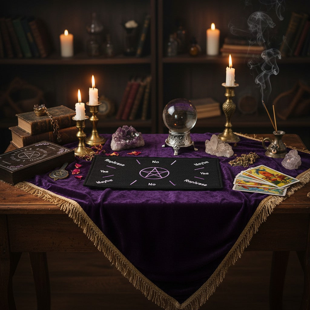Purple Pentacle Sacred Geometry Black Velvet Embroidered Pendulum Mat laid flat on an altar showing velvet texture and embroidered design.