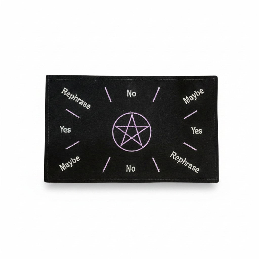 Purple Pentacle Sacred Geometry Black Velvet Embroidered Pendulum Mat on a white background showing full embroidered design detail.