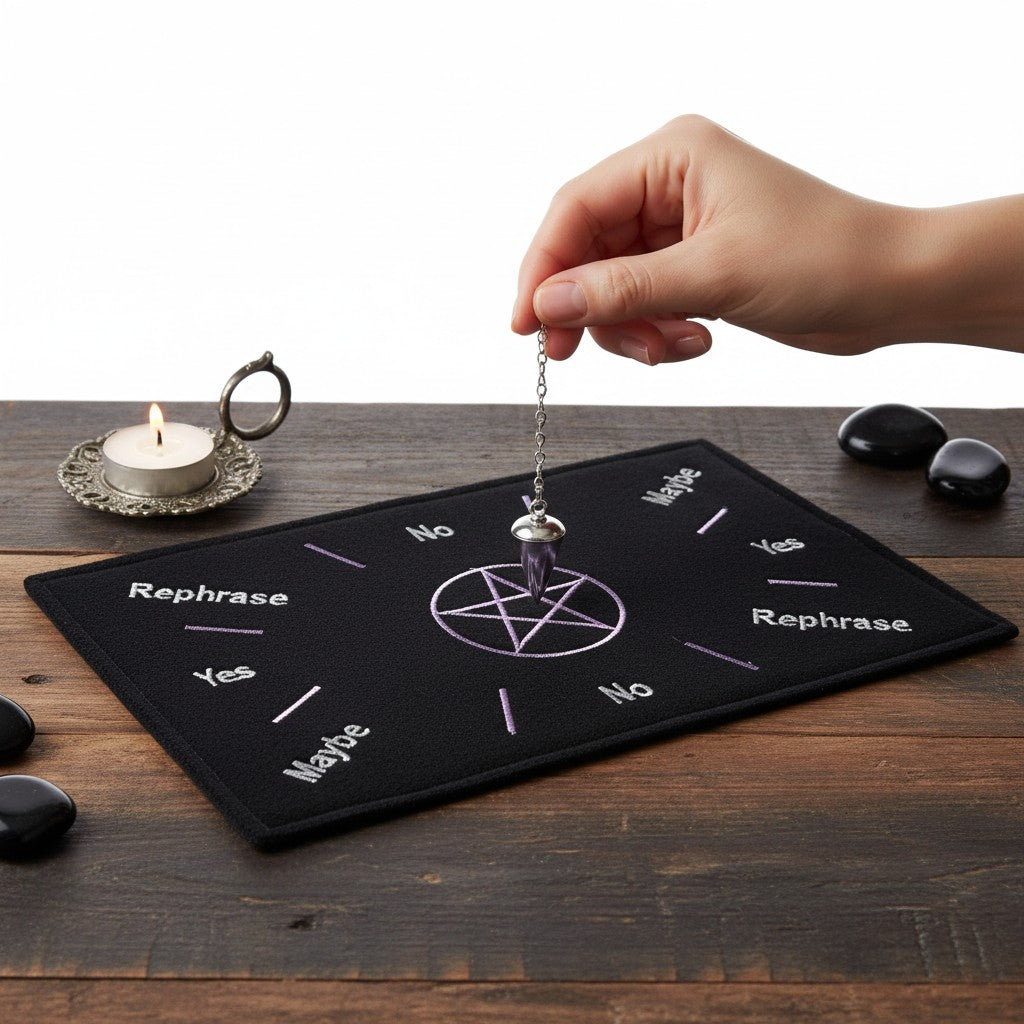 Purple Pentacle Sacred Geometry Black Velvet Embroidered Pendulum Mat on an altar with a crystal pendulum in use.