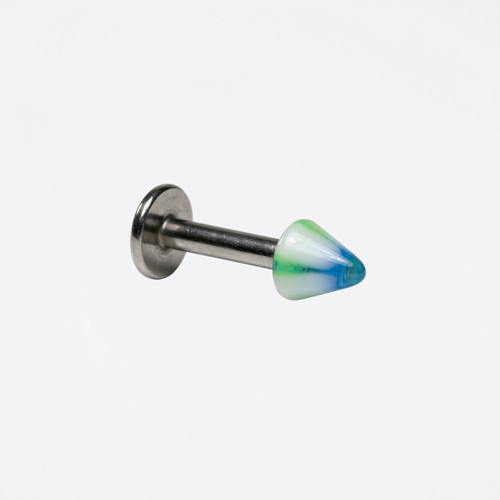 Green Striped Acrylic Spike Labret Lip Ring in 316l stainless steel on a white background.