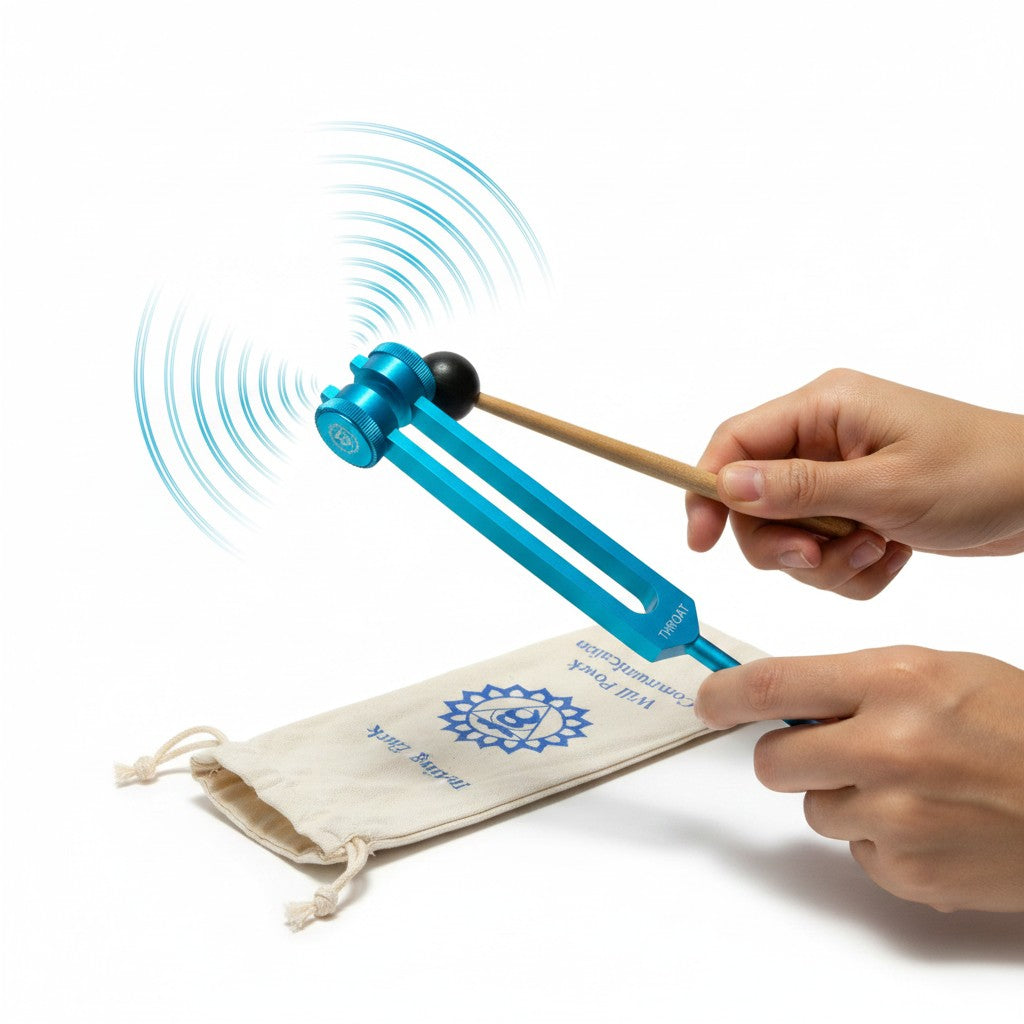 Blue Throat Chakra Aluminum Tuning Fork with Silencers 141.27 Hz on a white background in close up detail being held by hands and struck showing sound waves.