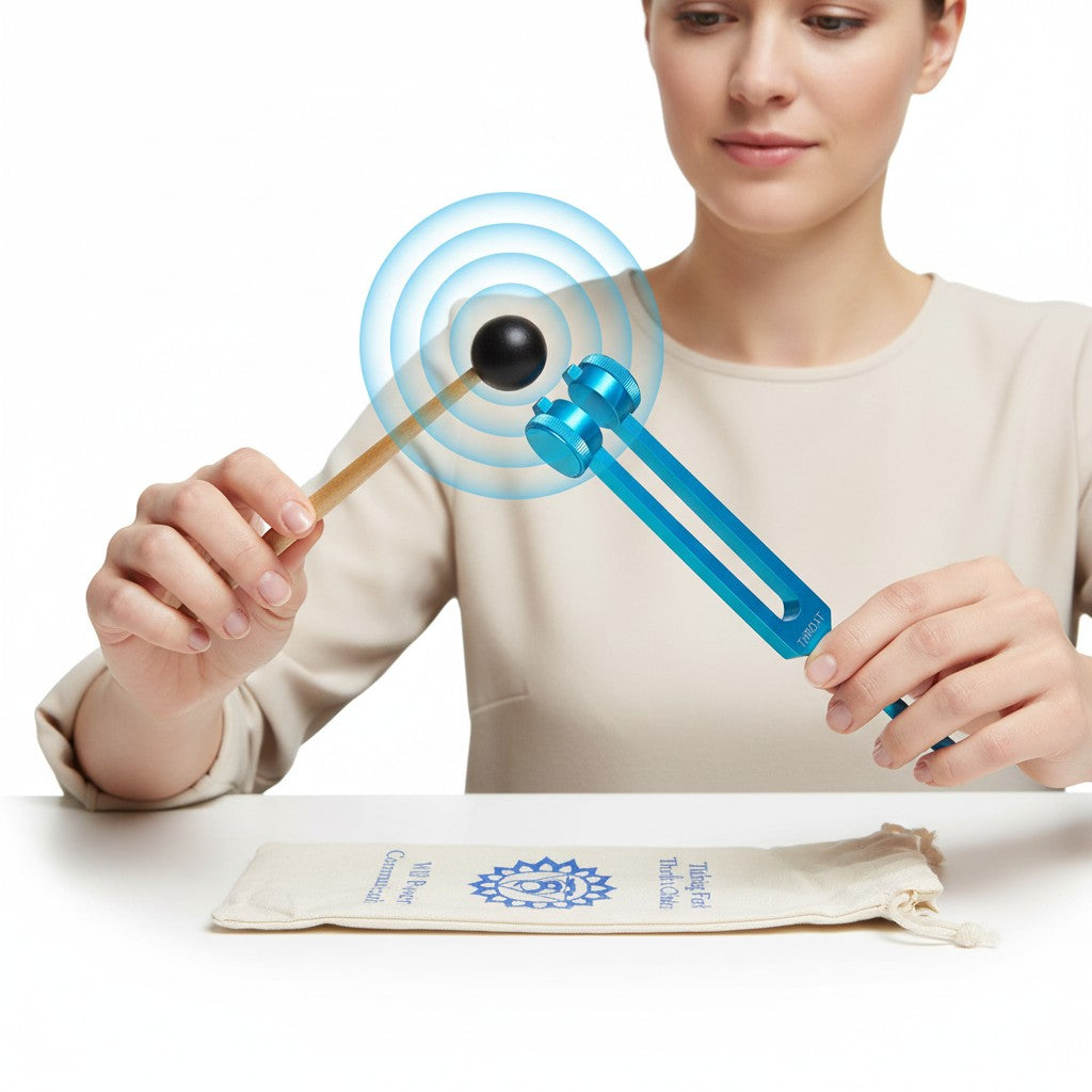 Blue Throat Chakra Aluminum Tuning Fork with Silencers 141.27 Hz being held by a female model and actively struck showing sound waves.