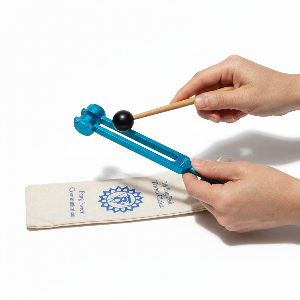 Blue Throat Chakra Aluminum Tuning Fork with Silencers 141.27 Hz on a white background held by hands showing close up fork, striker and pouch detail.