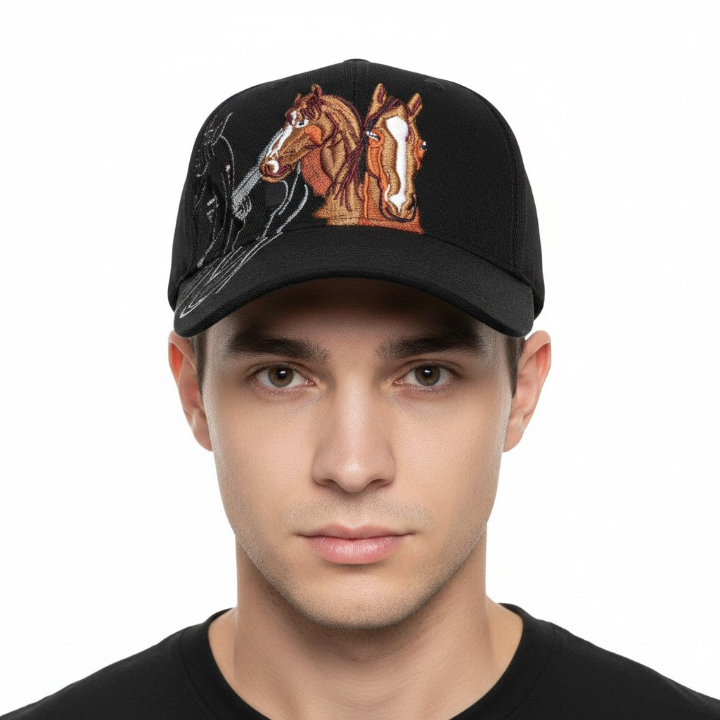 Brown Thoroughbred Horses Adjustable Black Baseball Cap with a white background on a male model front profile.