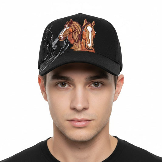 Brown Thoroughbred Horses Adjustable Black Baseball Cap with a white background on a male model front profile.