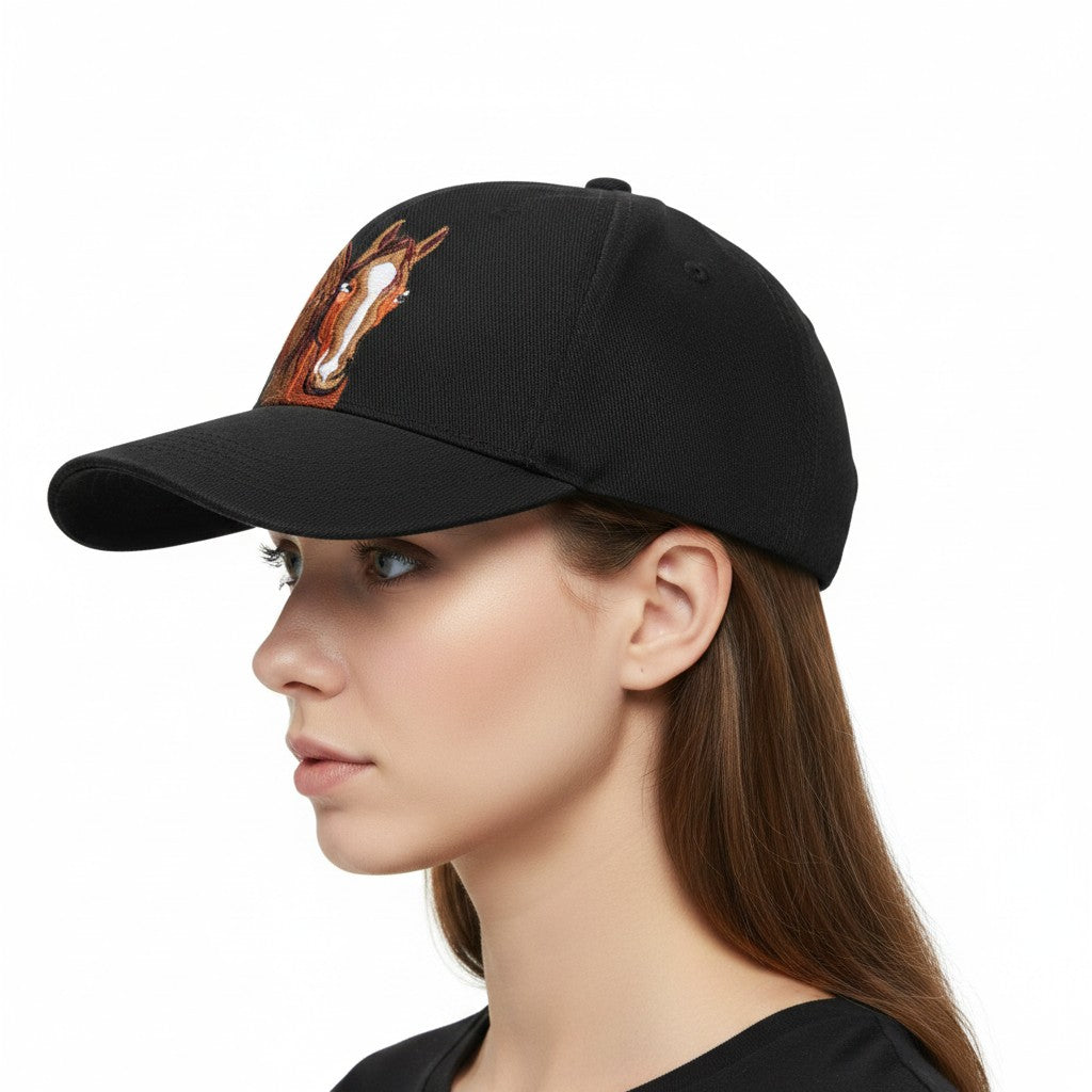 Brown Thoroughbred Horses Adjustable Black Baseball Cap with a white background on a female model side profile.