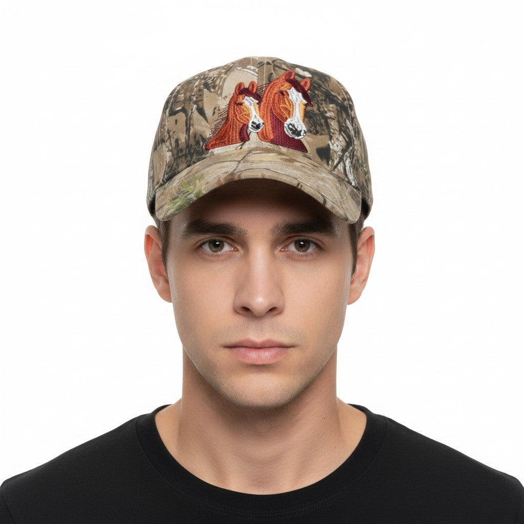 Brown Thoroughbred Horses Adjustable camouflage Baseball Cap with a white background on a male model front profile.