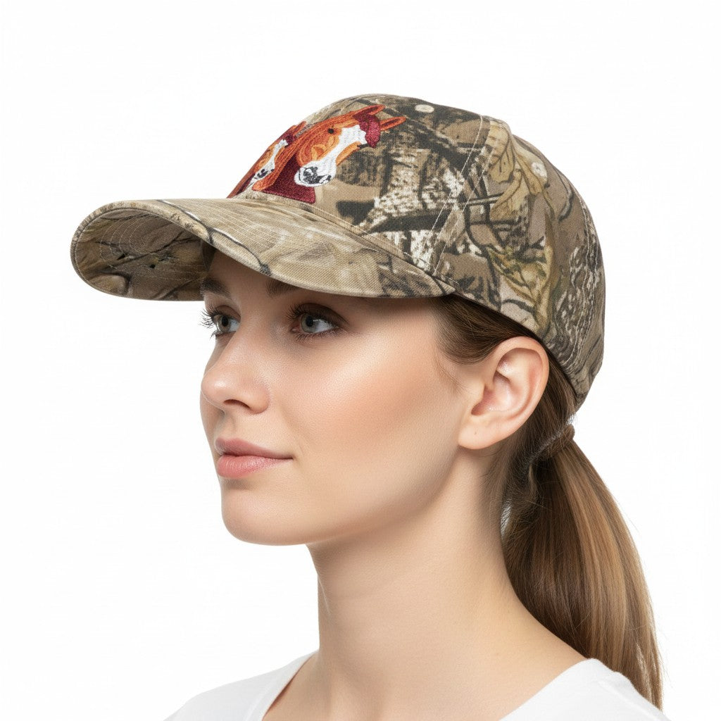Brown Thoroughbred Horses Adjustable camouflage Baseball Cap with a white background on a female model side profile.