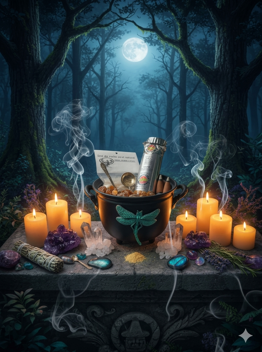Black Cast Iron Witches' Cauldron with Dragonfly Incense Holder in a mystic setting.