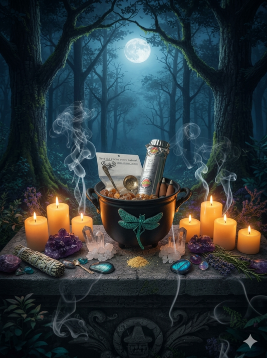 Black Cast Iron Witches' Cauldron with Dragonfly Incense Holder in a mystic setting.