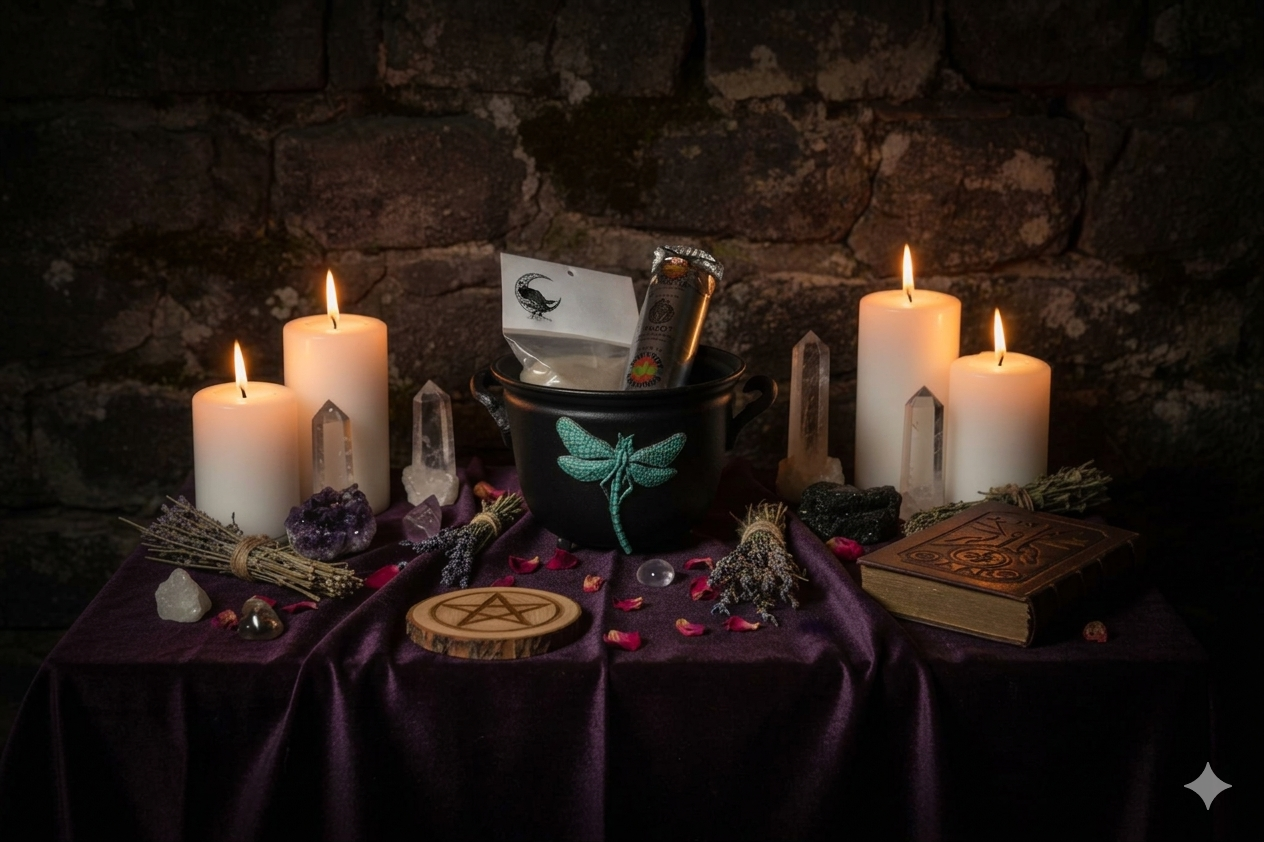 Black Cast Iron Witches' Cauldron with Dragonfly Incense Holder on a spiritual altar.