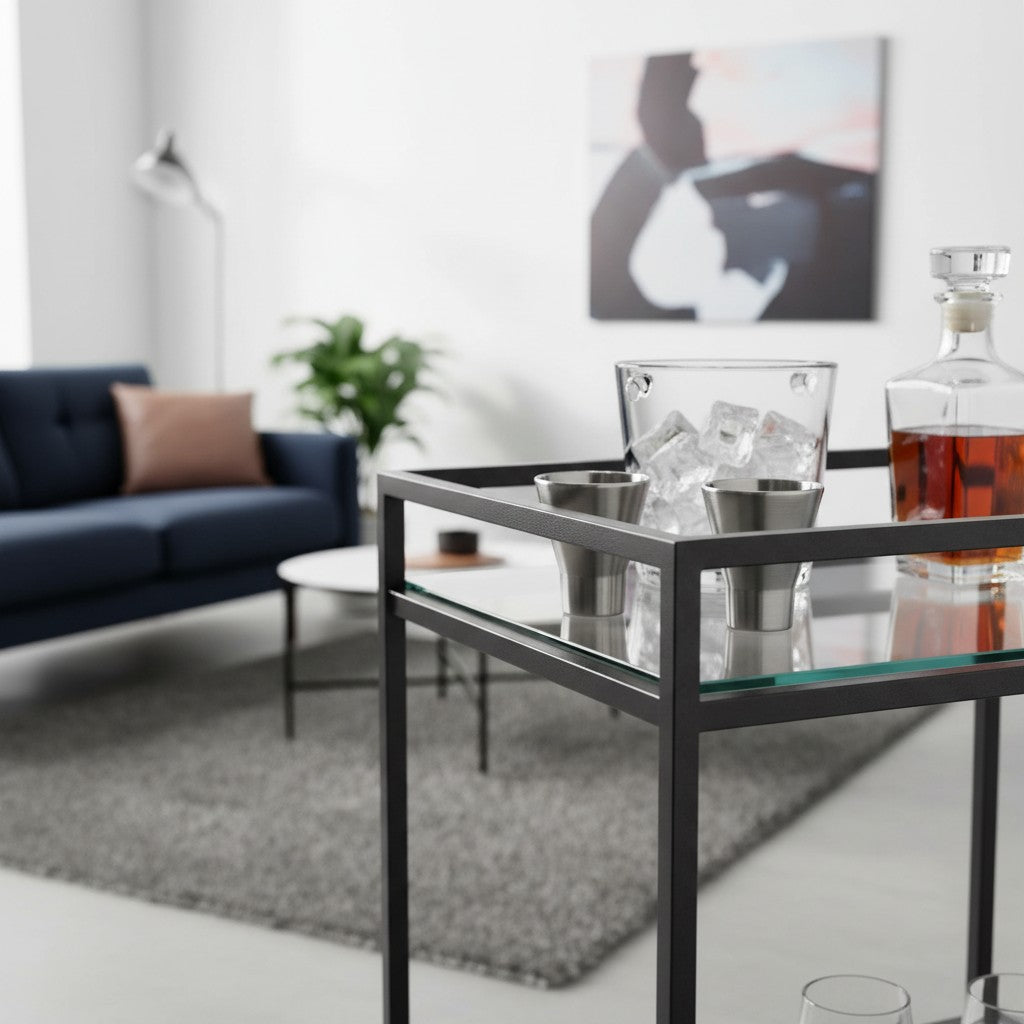 Chill Shots Freezable Stainless Steel Novelty Shot Glass Set on a glass bar cart in a living room.
