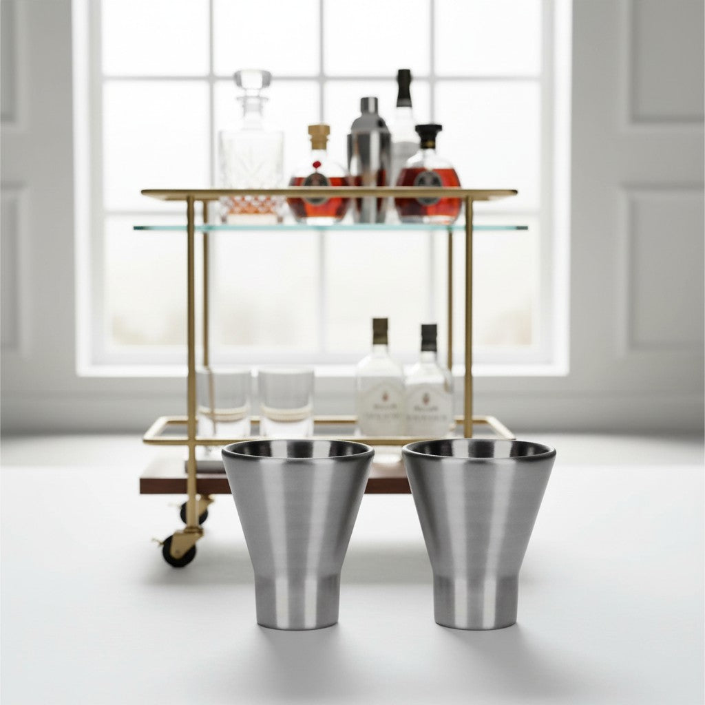 Chill Shots Freezable Stainless Steel Novelty Shot Glass Set in a living room on a white surface with a bar cart in the background.