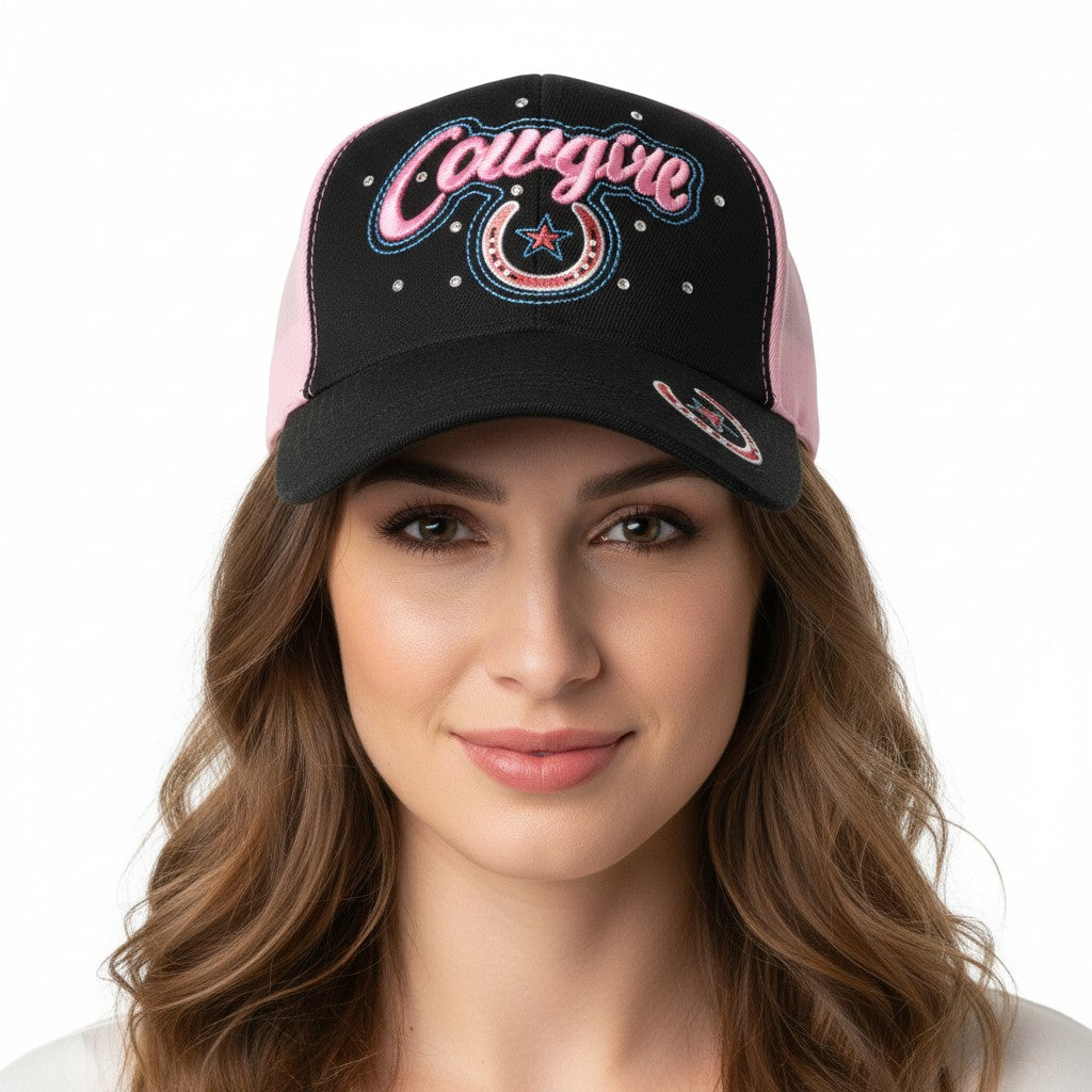 Cowgirl with Horseshoes Adjustable Pink and Black Baseball Cap with a white background on a female model front profile.