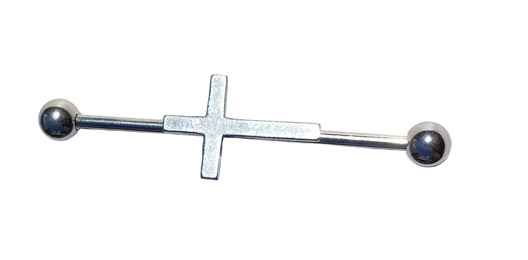 Basic Cross Industrial Ear Barbell in 316l stainless steel close up detail
